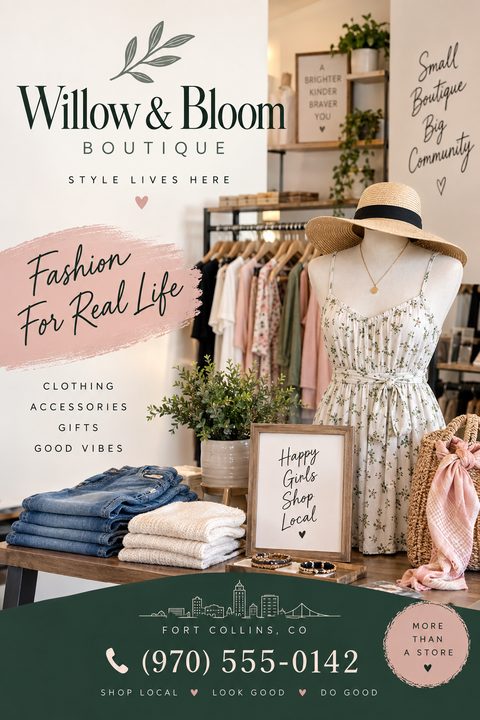 Flyer for a fashion boutique featuring a photo of a clothing store interior with a mannequin wearing a floral dress and a straw hat. Text includes 'Fashion For Real Life' over a pink brushstroke.