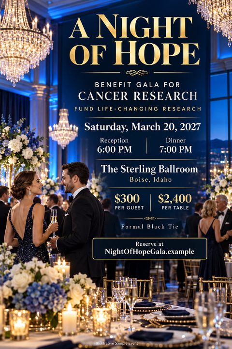 A formal benefit gala flyer featuring a navy blue background with elegant gold text. The background image shows a sophisticated ballroom event with guests in black-tie attire, chandeliers, and beautifully decorated tables.
