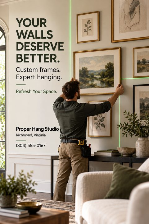 Flyer for Proper Hang Studio showing a man using a laser level to hang a framed landscape painting on a gallery wall. Text reads 'Your walls deserve better. Custom frames. Expert hanging.'
