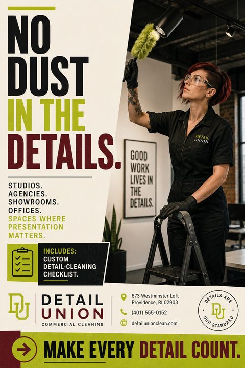 Commercial cleaning flyer template with bold text 'NO DUST IN THE DETAILS.' and a photo of a woman in a black uniform dusting a light fixture in a modern office.