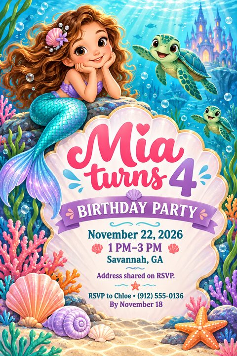 A colorful underwater scene with a cartoon mermaid sitting on a rock, sea turtles swimming, and coral. A large pink and white seashell in the center holds the text 'Mia turns 4 Birthday Party' with date, time, and RSVP details.