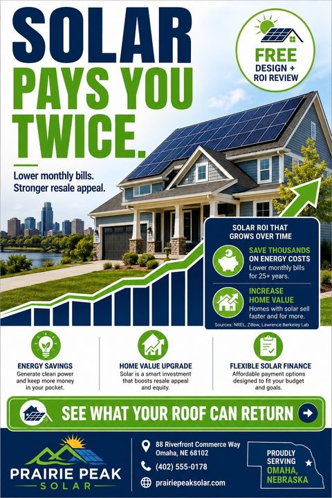 Flyer for a solar company featuring a large photo of a house with solar panels, a rising graph graphic, and text highlighting energy savings and home value increases.