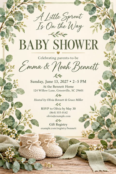 Baby shower invitation flyer with a border of eucalyptus leaves and white flowers on a cream background. At the bottom, a photo of cream knitted baby booties on a wooden surface with a sage green ribbon.