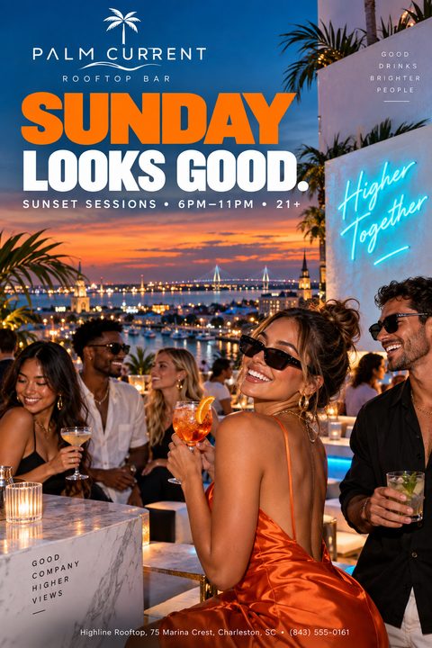 Flyer for a rooftop bar event titled 'Sunday Looks Good. Sunset Sessions'. The background shows a vibrant sunset over a city harbor. In the foreground, a group of stylish young adults are enjoying cocktails at a rooftop bar. The main text is in bold.