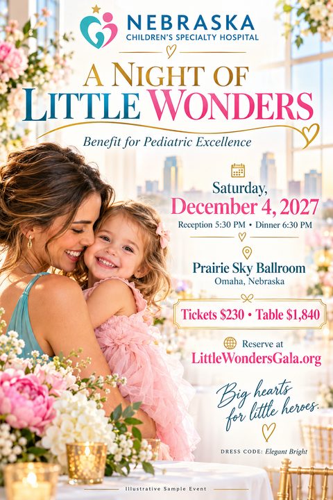 A fundraising flyer for 'A Night of Little Wonders' featuring a mother and daughter smiling, with floral arrangements and event details like date, time, location, and ticket prices.