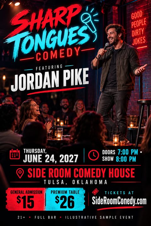 A stand-up comedy event flyer featuring a laughing comedian on stage with a crowd. It uses bright neon red and cyan typography against a dark, moody comedy club background.
