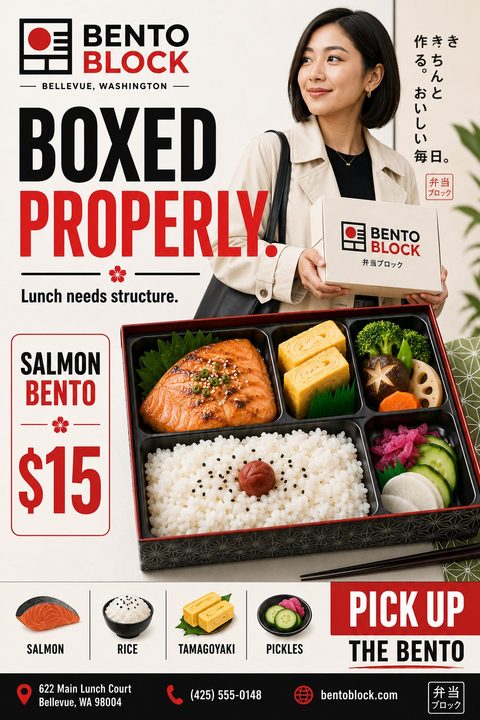 Flyer for Bento Block featuring a woman holding a bento box and a large image of a salmon bento box with rice, tamagoyaki, and vegetables. Text reads 'Boxed Properly. Lunch needs structure.' and 'Salmon Bento $15'.