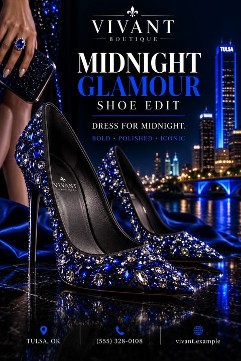 A high-fashion flyer featuring a pair of black stiletto heels adorned with blue and silver rhinestones, set against a nighttime cityscape backdrop. The text reads 'Midnight Glamour Shoe Edit'.