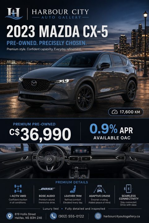 A sleek flyer for a pre-owned car sale. The top half features a dark grey SUV parked by a waterfront at dusk. The bottom half shows the car's interior, price, financing rate, and key features with icons.