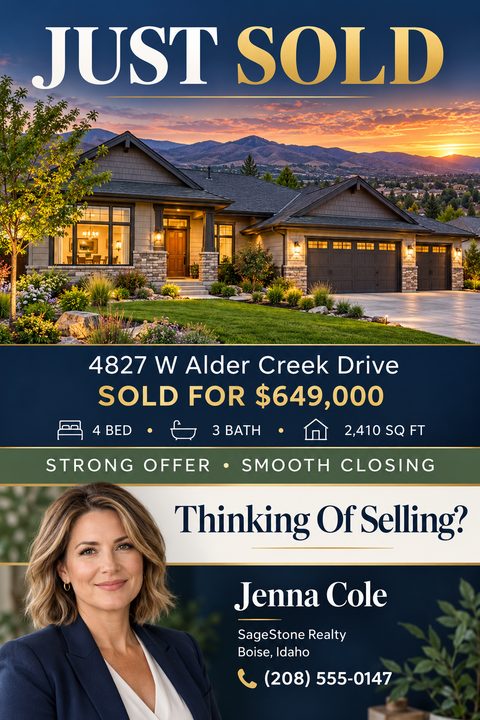 A real estate just sold flyer featuring a large twilight photo of a modern house, a realtor headshot, and property details set against an elegant navy blue and gold background.
