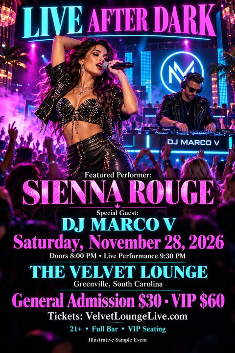 A vibrant nightclub flyer featuring a female singer and a DJ performing for a crowd. Bold neon pink and cyan text displays event details against a dark, energetic concert background.