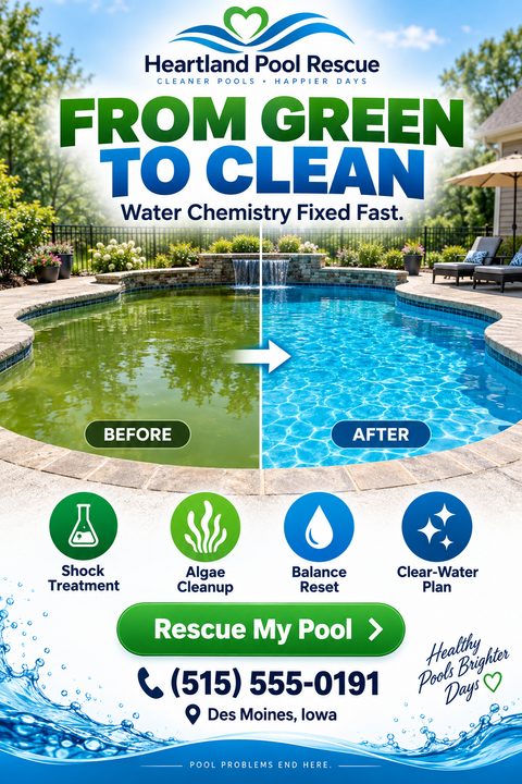 A pool cleaning service flyer featuring a large split-screen photo showing a dirty green pool transforming into a clean blue pool, with service icons and contact information below.