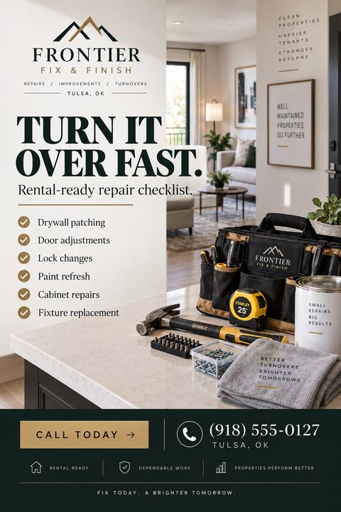 A handyman services flyer featuring a split layout. The left side lists a rental-ready repair checklist on a cream background. The right shows a tool bag on a counter. A dark green footer contains contact details.