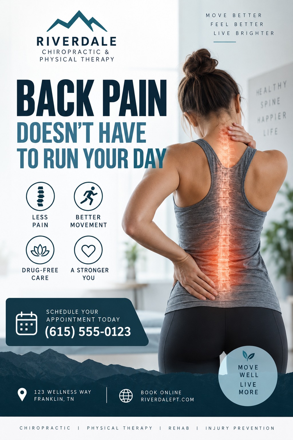 A chiropractic and physical therapy flyer featuring a woman with a glowing red spine graphic overlaid on her back. The design uses dark blue text and icons highlighting benefits like less pain.