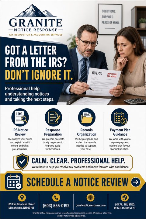 Flyer for Granite Notice Response, offering tax resolution and accounting services. Features a photo of a professional reviewing an IRS notice with a concerned client. Includes icons for services like IRS Notice Review and Payment Plan Guidance.