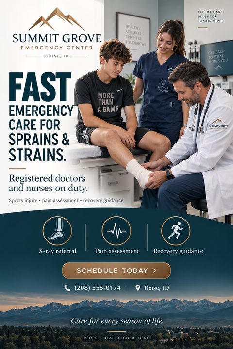 Flyer for an emergency center showing a doctor wrapping a young athlete's ankle, with a nurse looking on. The design includes a dark teal section with icons for X-ray referral, pain assessment, and recovery guidance, and a mountain landscape at the.