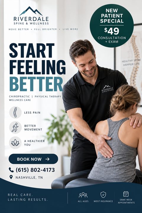 A professional flyer for a spine and wellness clinic featuring a large photo of a chiropractor treating a patient's back. It includes a dark green circle badge for a new patient special and service icons.