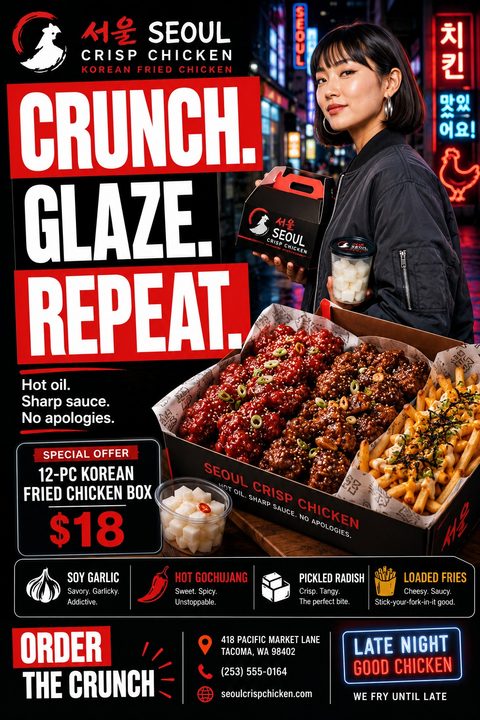 Flyer for Seoul Crisp Chicken featuring a woman holding a takeout box in a neon-lit street, alongside a large box of glazed fried chicken and loaded fries. Text reads 'Crunch. Glaze. Repeat.' and offers a 12-piece box for $18.