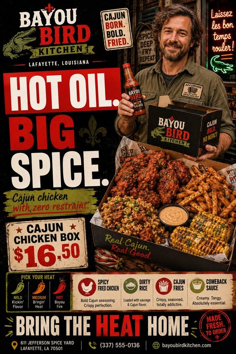 A rustic takeaway flyer featuring a man holding a large box of fried chicken, rice, fries, and corn. Bold red and white text reads "Hot Oil. Big Spice." with menu icons below.