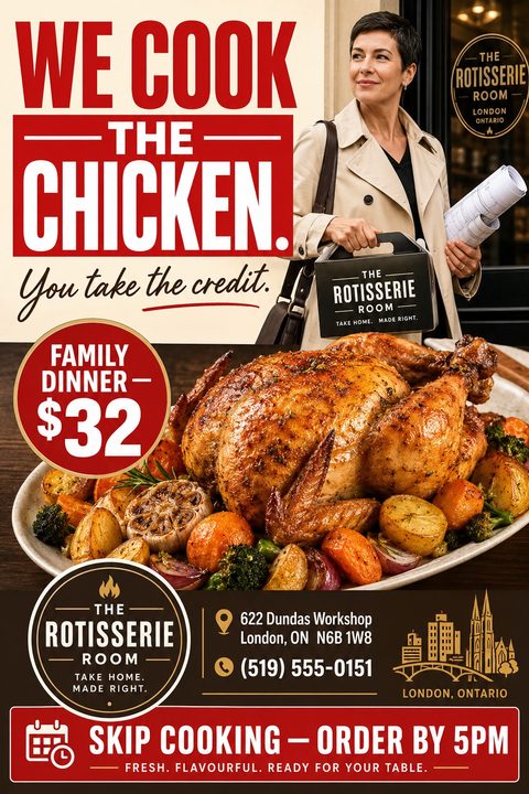 A promotional takeaway flyer featuring a woman holding a takeout box above a large, appetizing roasted chicken with vegetables. Bold red text reads 'We cook the chicken. You take the credit.'