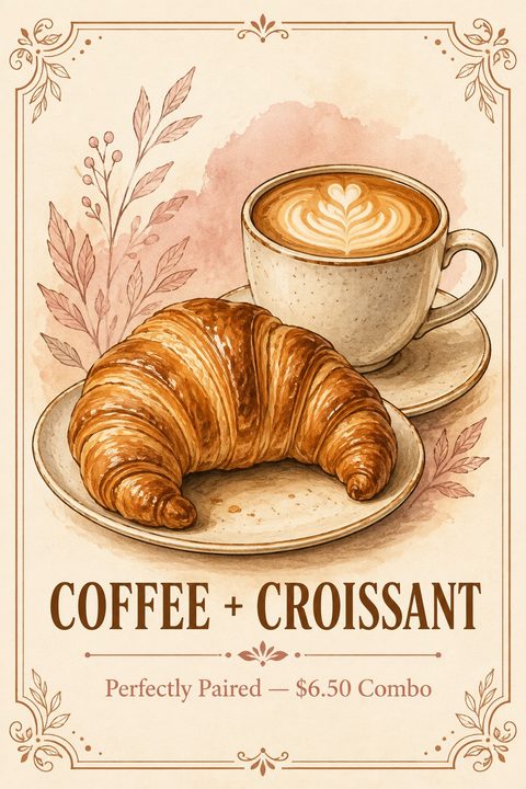 A vintage-style flyer with a watercolor illustration of a latte with latte art and a large, flaky croissant on plates. The text reads 'COFFEE + CROISSANT' and 'Perfectly Paired - $6.50 Combo'. The background is a light cream color with delicate.