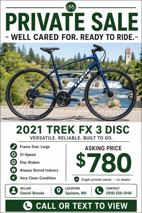 A private sale flyer for a bicycle featuring a large photo of a blue bike outdoors, bold dark green text, bulleted specifications with icons, and a prominent asking price.