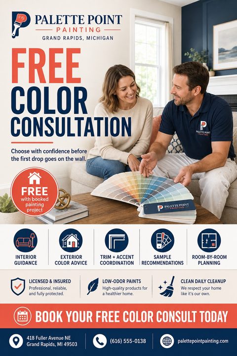 Flyer for Palette Point Painting offering a free color consultation. A photo shows a painter showing a color fan deck to a homeowner. Icons list services like interior guidance and exterior color advice.