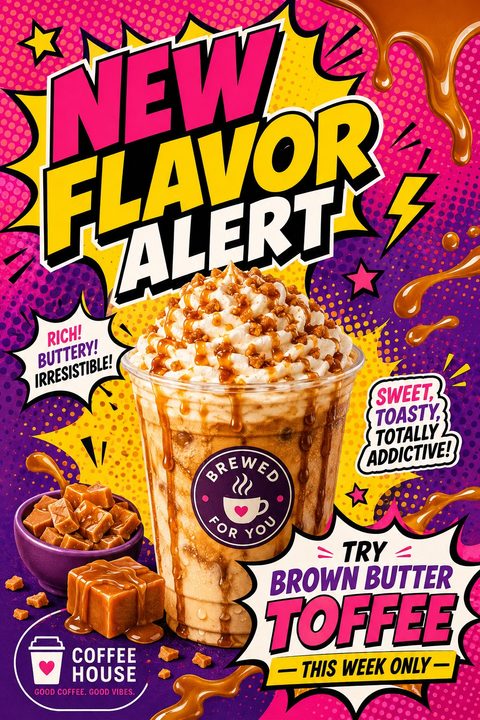 A vibrant, comic-book-style flyer with a large iced coffee drink in the center. Text reads 'New Flavor Alert' and 'Try Brown Butter Toffee'. The background features bright pink, yellow, and purple with halftone dots and starbursts.