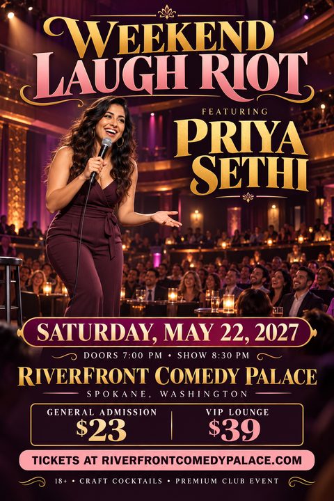 A comedy show flyer featuring a female comedian on stage with a microphone, an audience in the background, and elegant gold and pink typography detailing the event date, venue, and ticket prices.