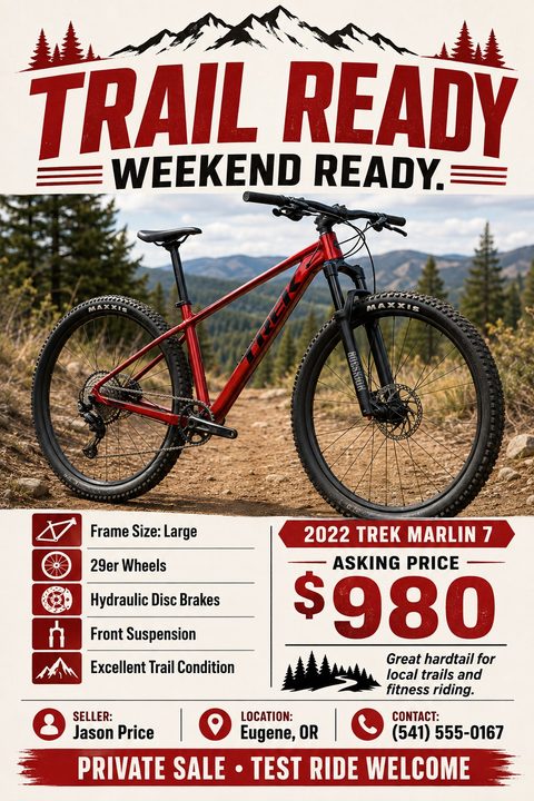 A rustic flyer template for selling a mountain bike, featuring a large photo of a red bike on a trail, mountain graphics, specification icons, a bold asking price, and seller contact information.