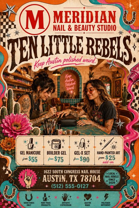 A retro western-themed nail studio flyer featuring vintage typography, desert motifs like cacti and horseshoes, a central photo of a nail tech and client, and a price menu for gel manicures and nail art.