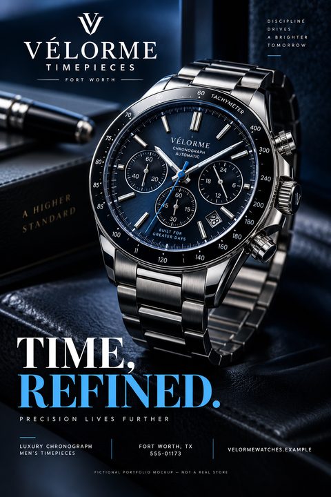A flyer for a luxury watch brand featuring a close-up photo of a silver chronograph watch with a blue dial resting on a dark leather surface. The text reads 'Time, Refined.' in large, bold letters.