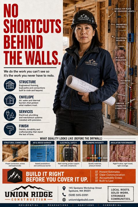 Construction flyer featuring a female builder in a hard hat holding blueprints in front of exposed wall framing. Text reads 'No Shortcuts Behind the Walls.' Includes sections detailing structure, envelope, services, and finish, with photos of.