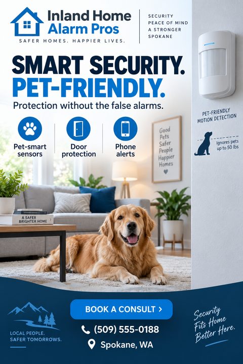 Flyer for Inland Home Alarm Pros titled Smart Security. Pet-Friendly. Features a golden retriever dog lying on a rug in a living room, with icons for pet-smart sensors, door protection, and phone alerts.