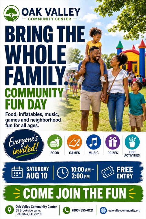 Flyer for a Community Fun Day featuring a happy family walking outdoors with a bounce house in the background. Includes icons for food, games, music, prizes, and kids activities.