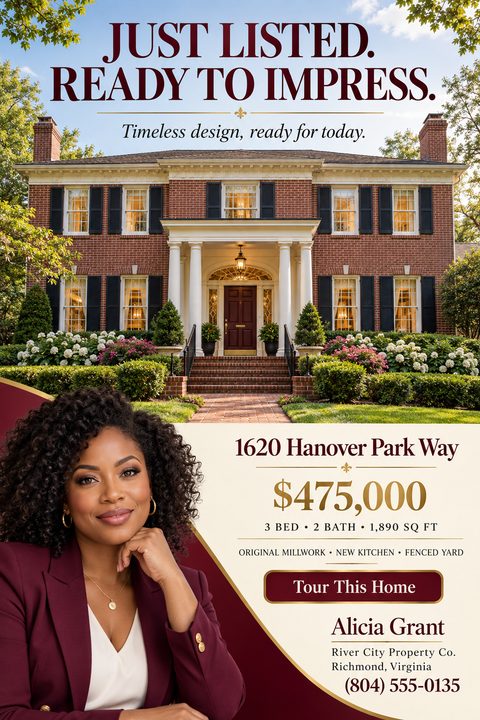 A real estate just-listed flyer featuring a large photo of a brick colonial home. A curved burgundy section highlights an agent's headshot next to property details and price in gold text.