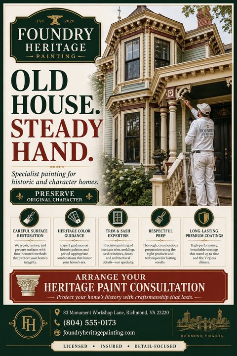 Flyer for Foundry Heritage Painting featuring a painter on a ladder working on the intricate trim of a historic Victorian home. Text reads 'Old House. Steady Hand. Specialist painting for historic and character homes.' Includes icons for services.