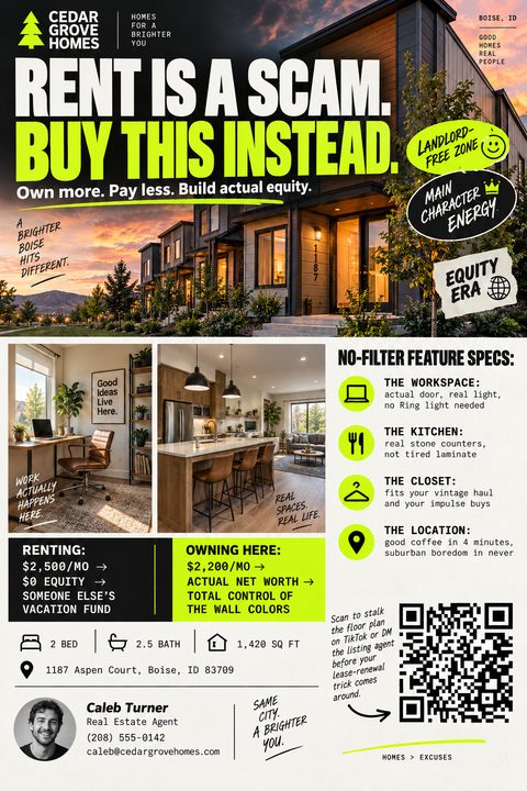 A bold real estate flyer featuring a modern townhome at sunset, neon green sticker graphics, interior photos, a rent-versus-buy comparison chart, and a QR code.
