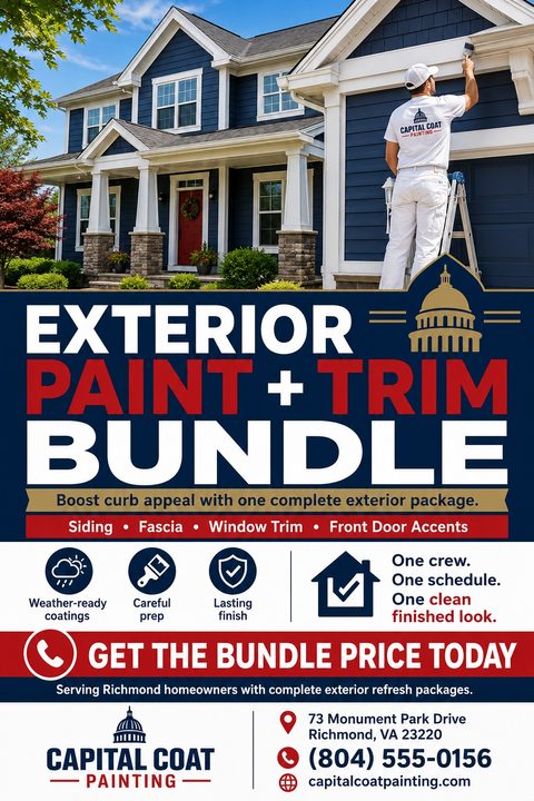 Flyer for exterior paint and trim bundle. Top half shows a painter on a ladder painting a blue house. Bottom half has bold text 'Exterior Paint + Trim Bundle' in white and red on navy blue, with service icons and contact info.
