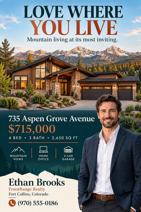 Real estate flyer featuring a large photo of a modern mountain lodge, a cutout of a smiling agent, and property details over a dark teal background with a mountain silhouette border.