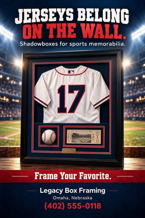 Flyer for custom framing services featuring a framed baseball jersey, baseball, and ticket stub in a shadowbox, set against a blurred stadium background. Text reads 'Jerseys belong on the wall. Shadowboxes for sports memorabilia.'