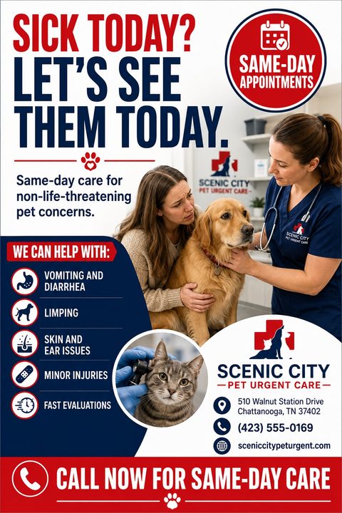 Flyer for pet urgent care with a red and navy color scheme. Features a photo of a vet examining a dog with its owner, and a smaller photo of a cat being examined. Text highlights same-day appointments for non-life-threatening concerns.