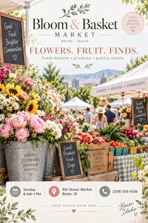 Flyer for Bloom & Basket Market featuring a vibrant photo of a farmers market stall with fresh flowers, peaches, and vegetables. Text includes 'Flowers. Fruit. Finds.' and event details.