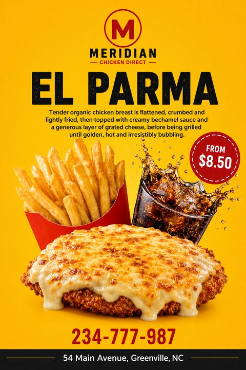 A bright yellow fast-food flyer promoting a chicken parma meal. It features bold black text, a red price badge, and a large photo of a cheesy chicken parma, fries, and a splashing cola.