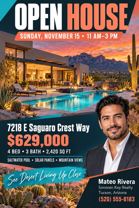 Open house flyer template featuring a modern desert home with a pool at sunset, bold text for the address and price, and a placeholder for a real estate agent's photo and contact details.