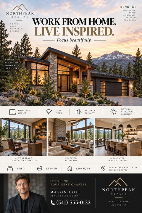 Real estate flyer template featuring a large photo of a modern mountain home at sunset, three smaller interior photos including a home office, living room, and kitchen, property details, and agent contact information.