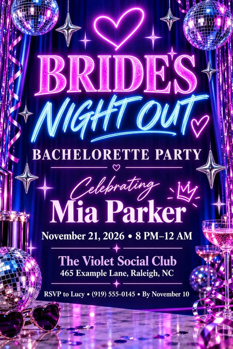 A vibrant bachelorette party flyer featuring neon pink and blue text reading 'Bride's Night Out' against a dark curtain background, decorated with disco balls, glowing stars, and champagne glasses.