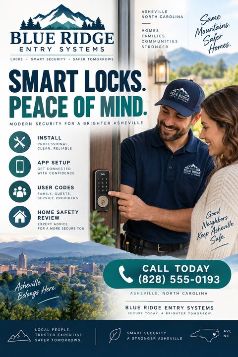 A flyer for Blue Ridge Entry Systems advertising smart locks and peace of mind. It lists services like install, app setup, user codes, and home safety review. A photo shows a technician demonstrating a smart lock to a homeowner.