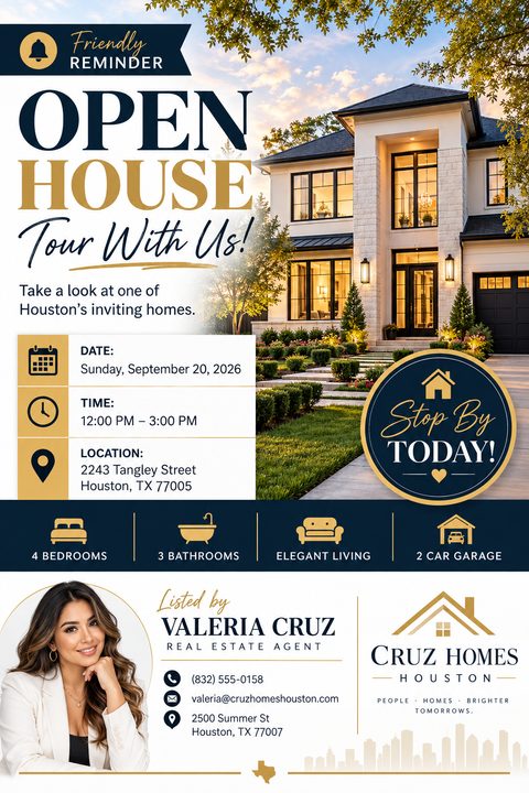 Real estate open house flyer with a large photo of a modern two-story house at twilight. Text reads 'Open House Tour With Us!' with date, time, location, property features, and agent contact information.