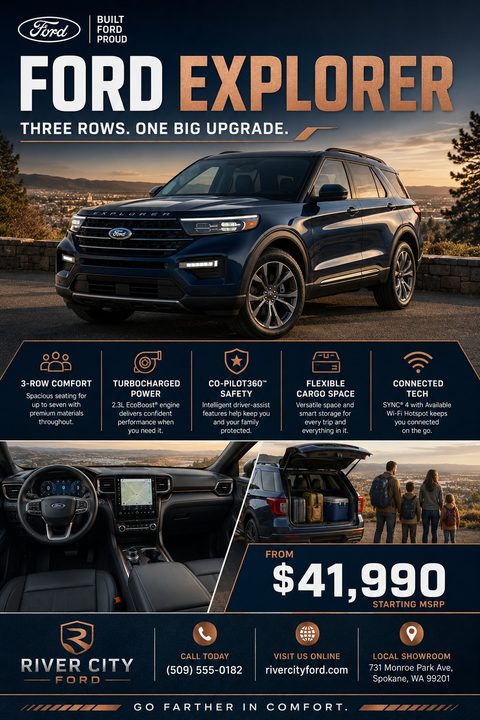 A modern car sales flyer featuring a dark blue SUV at sunset, copper feature icons, interior dashboard and family loading luggage photos, with a prominent starting price and dealership contact details.